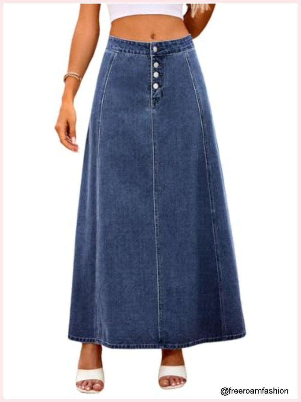 Women's High Waist Denim Skirt 4-Button Flare A-Line Maxi Long Jean Skirt with